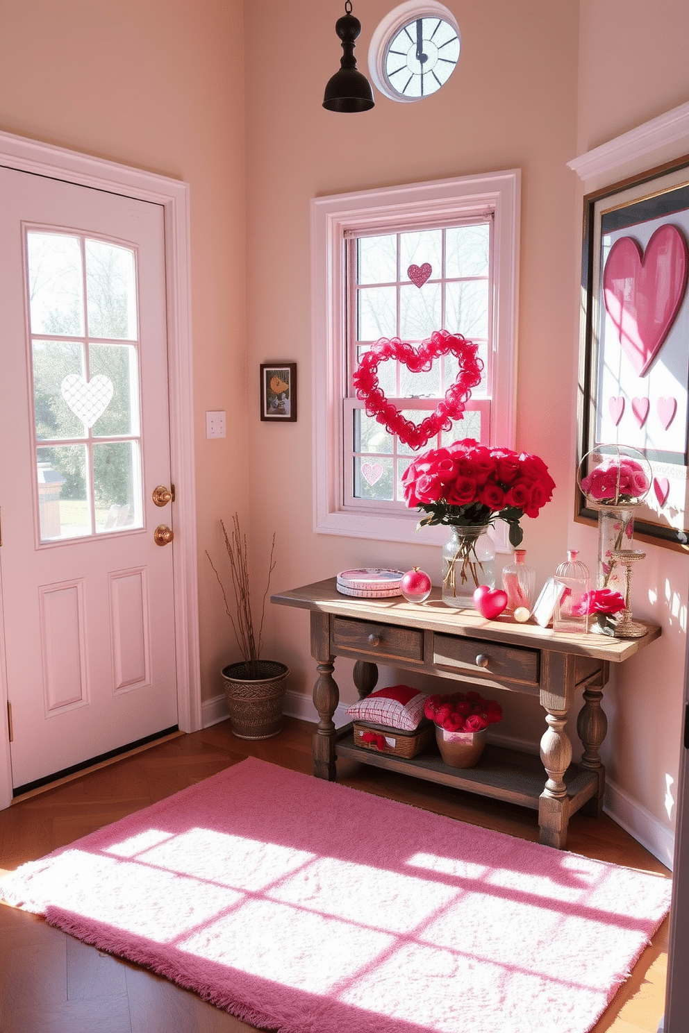 A charming entryway adorned for Valentine's Day, featuring heart-shaped window clings that gently filter the sunlight. The floor is covered with a soft, pink area rug, and a rustic console table is decorated with a bouquet of fresh roses and a collection of heart-themed decor items.