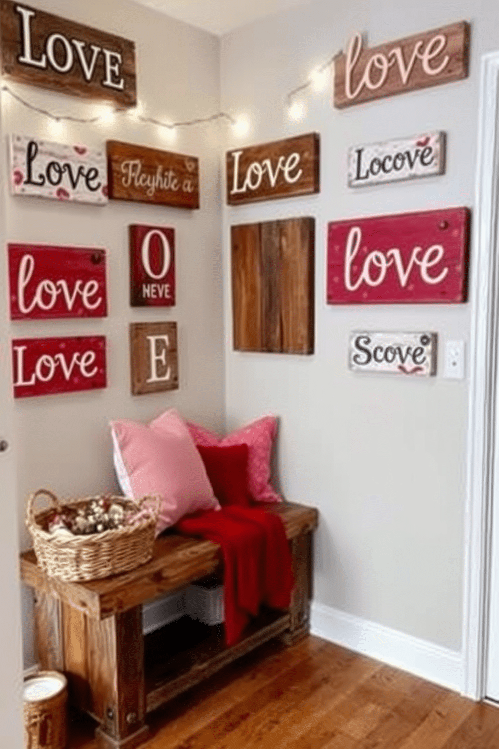 A charming entryway adorned with rustic wooden love signs creates a warm and inviting atmosphere. The space features a reclaimed wood bench, topped with plush cushions in shades of red and pink, and a woven basket filled with seasonal decor. On the walls, a collection of love-themed wooden signs in varying sizes hang, each with a unique font and finish. Soft fairy lights are draped above the bench, adding a magical glow to the Valentine's Day decorating theme.