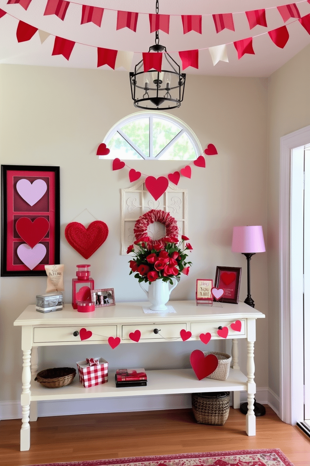 A charming entryway decorated for Valentine's Day features red and white bunting strung across the ceiling, creating a festive atmosphere. A welcoming console table is adorned with heart-shaped decorations and a bouquet of fresh red roses in a white vase, inviting guests to celebrate the occasion.