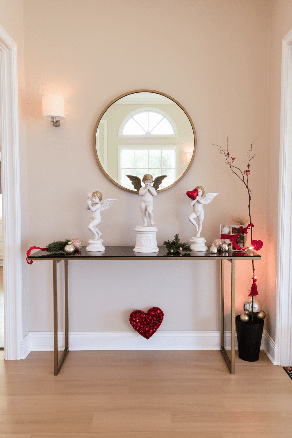 A charming entryway adorned for Valentine's Day features a sleek console table topped with Cupid figurines in various poses. The table is flanked by soft, ambient lighting and seasonal decorations, creating a warm and inviting atmosphere.