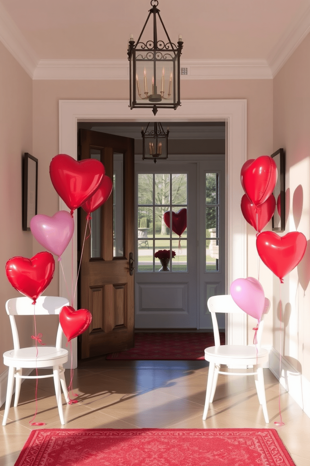 A charming entryway adorned for Valentine's Day. Heart-shaped balloons in vibrant red and pink are tied to elegant white chairs, creating a festive atmosphere as guests arrive.