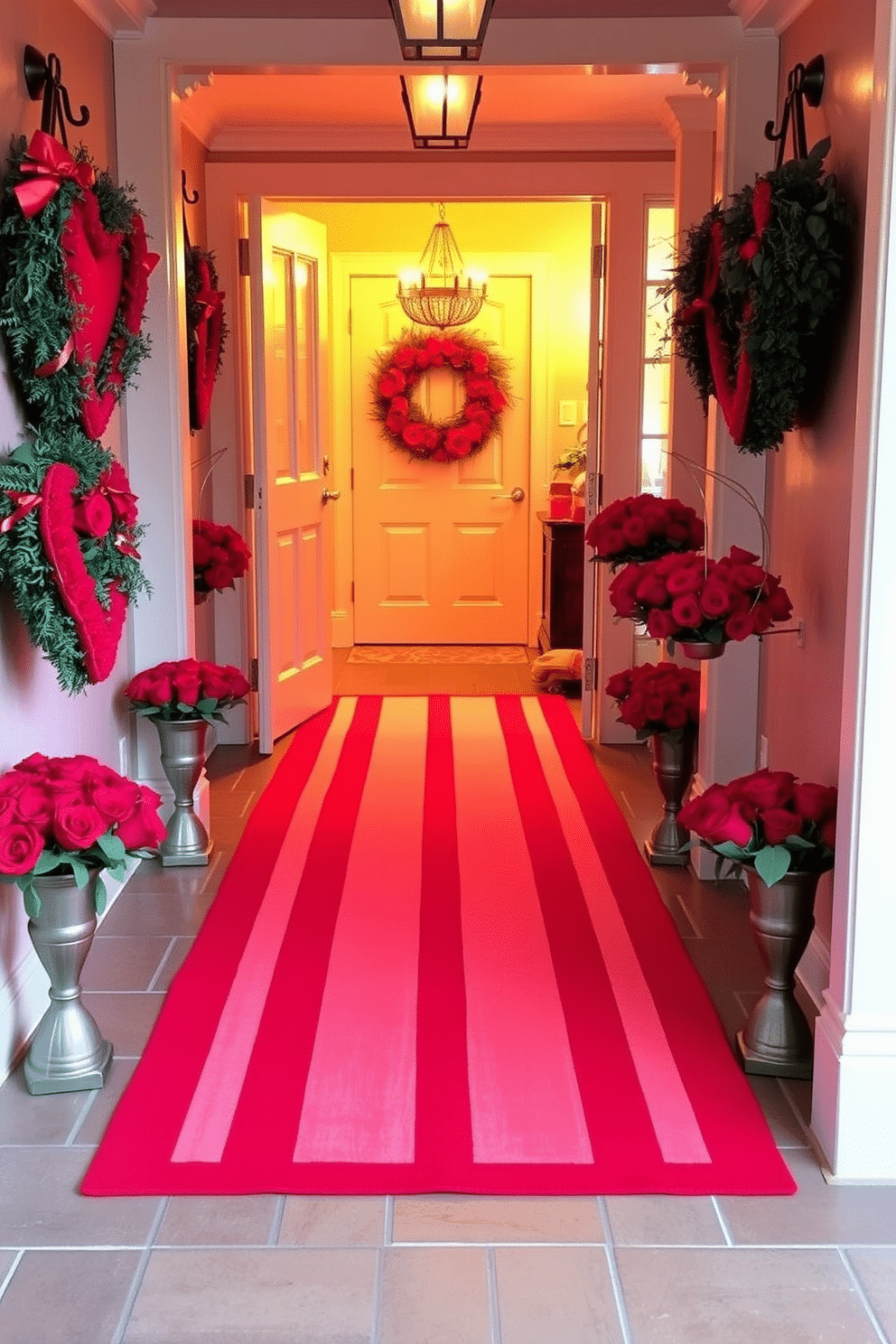 A vibrant entryway adorned with a red and white striped runner that leads to a warm, inviting space. On either side of the runner, festive Valentine's Day decorations, including heart-shaped wreaths and clusters of red roses, create a romantic atmosphere.