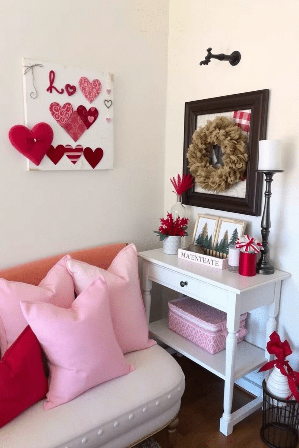 A charming entryway adorned with pink and red throw pillows, creating a warm and inviting atmosphere. The pillows are arranged on a stylish bench, complemented by a heart-themed wall art piece and a small console table decorated with seasonal accents.