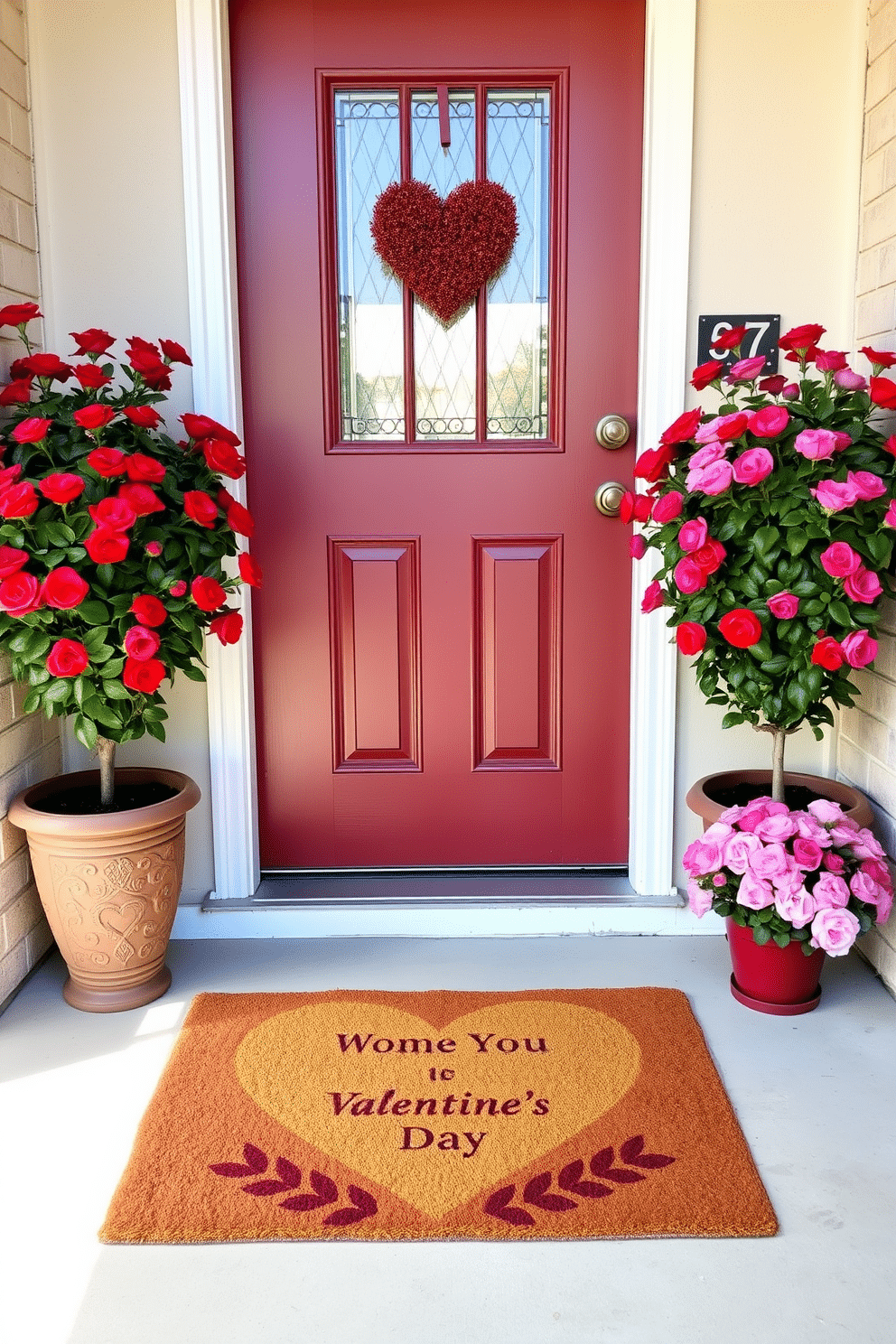 A charming entryway adorned for Valentine's Day features a heart-shaped doormat at the entrance, welcoming guests with a warm and festive touch. Flanking the door are potted red and pink flowers, adding a pop of color and romance to the space.