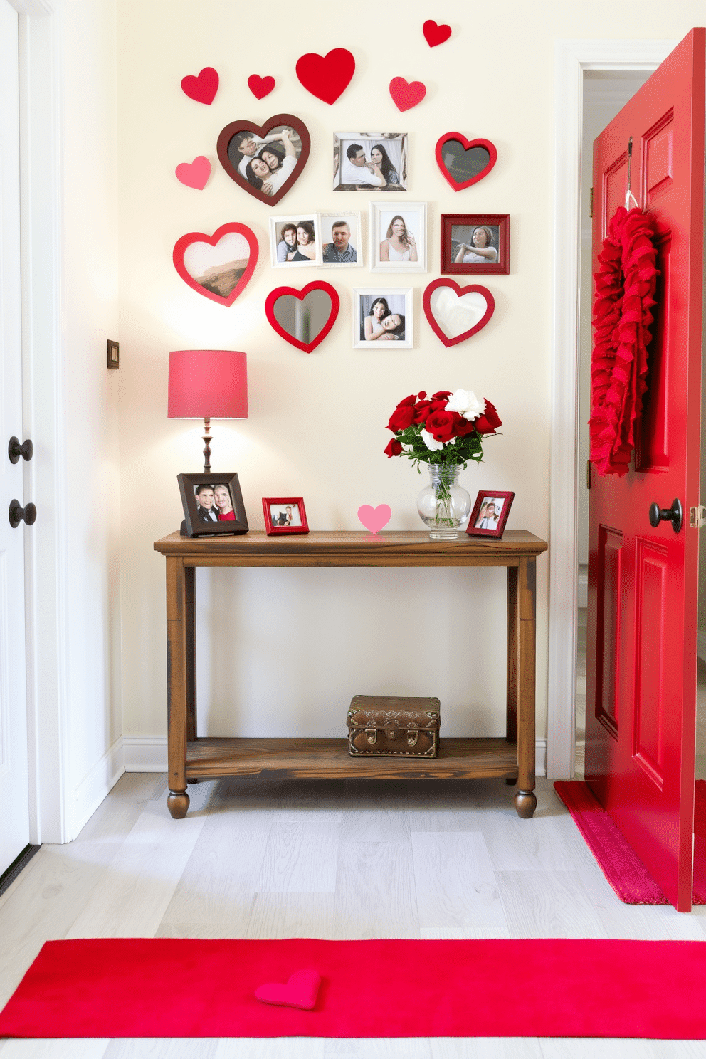 A charming entryway adorned with heart-shaped photo frames showcasing cherished memories. The frames are arranged in a playful collage on a soft pastel wall, complemented by a rustic console table beneath them. To enhance the Valentine's Day theme, a vibrant red runner is laid out on the floor, leading to the door. Fresh flowers in a heart-shaped vase sit atop the console, adding a romantic touch to the inviting space.