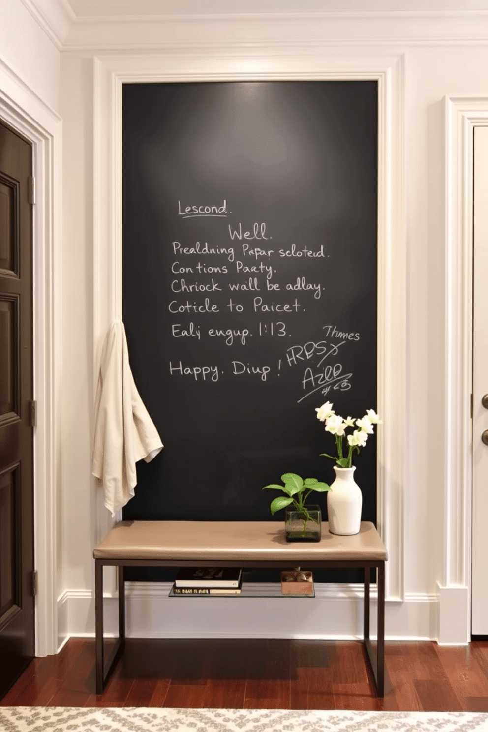 A stylish entryway features a large chalkboard wall, perfect for jotting down messages and notes. The surrounding area is adorned with hooks for coats and a sleek bench for convenient seating. The chalkboard wall is framed with elegant molding, adding a touch of sophistication to the space. Underneath, a small console table holds decorative items and a potted plant, enhancing the welcoming atmosphere.