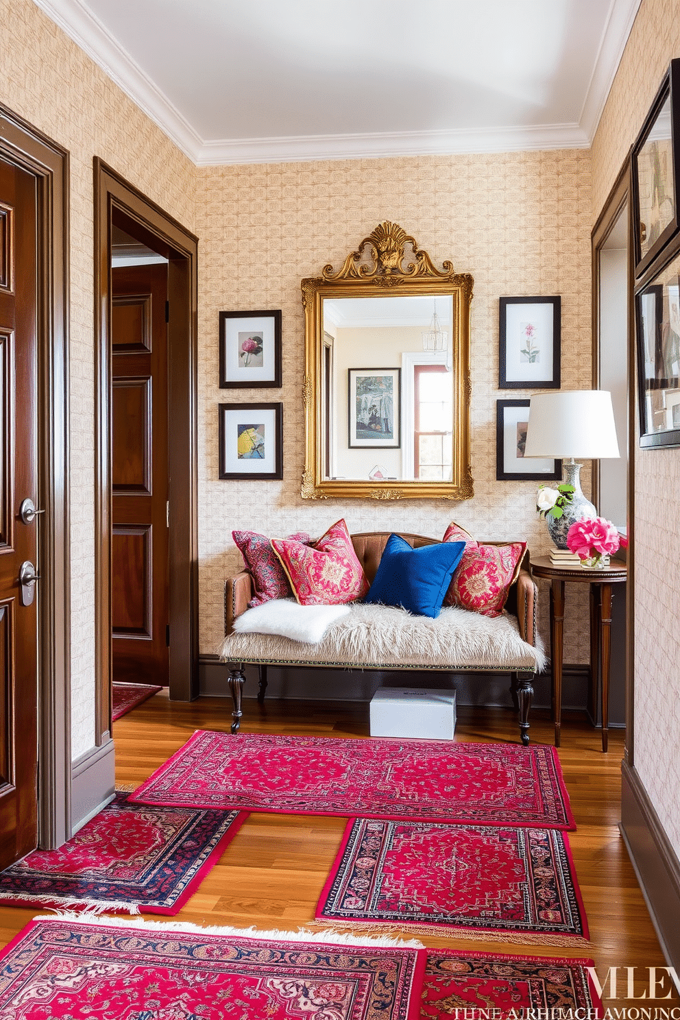 A welcoming entryway featuring layered textiles that add warmth and texture. Richly patterned rugs are layered on a wooden floor, while a plush bench adorned with colorful throw pillows invites guests to sit and remove their shoes. The walls are highlighted with a combination of textured wallpaper and framed art, creating an engaging visual display. A statement mirror with an ornate frame reflects natural light, enhancing the inviting atmosphere of the space.