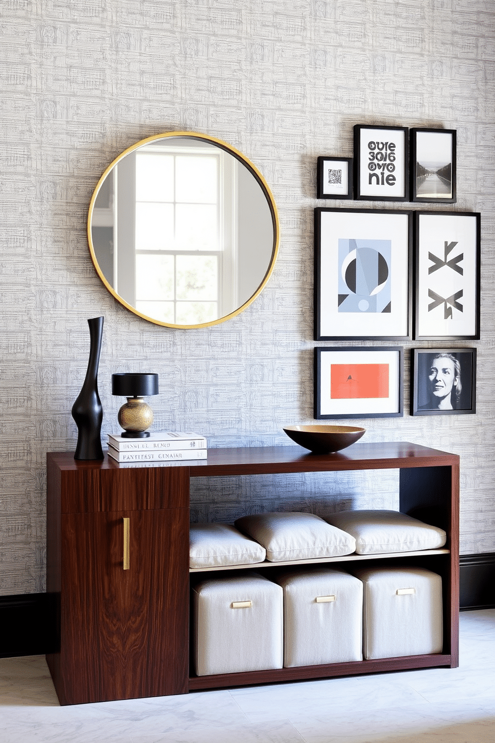 A sleek console table with a rich walnut finish is adorned with a collection of stylish accessories, including a modern sculpture, a stack of art books, and a decorative bowl. Above the table, an oversized round mirror with a brass frame reflects the light from a nearby window, creating an inviting atmosphere. The entryway features a captivating wall design that combines textured wallpaper in a soft gray hue with a gallery of framed artwork. A narrow bench with plush cushions sits against the wall, providing a functional yet chic spot for guests to sit while removing their shoes.