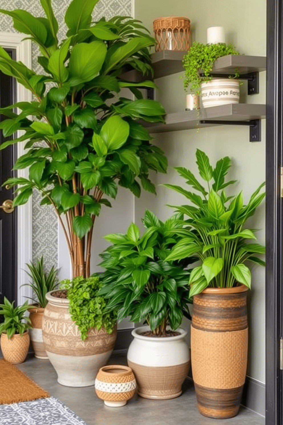 Lush greenery in decorative pots creates a vibrant and inviting atmosphere. The pots are varied in size and texture, featuring a mix of ceramic and woven designs that complement the plants' lush foliage. For entryway wall design ideas, consider a feature wall adorned with textured wallpaper or a bold paint color. Incorporating floating shelves allows for decorative accents and personal touches, enhancing the entryway's overall appeal.