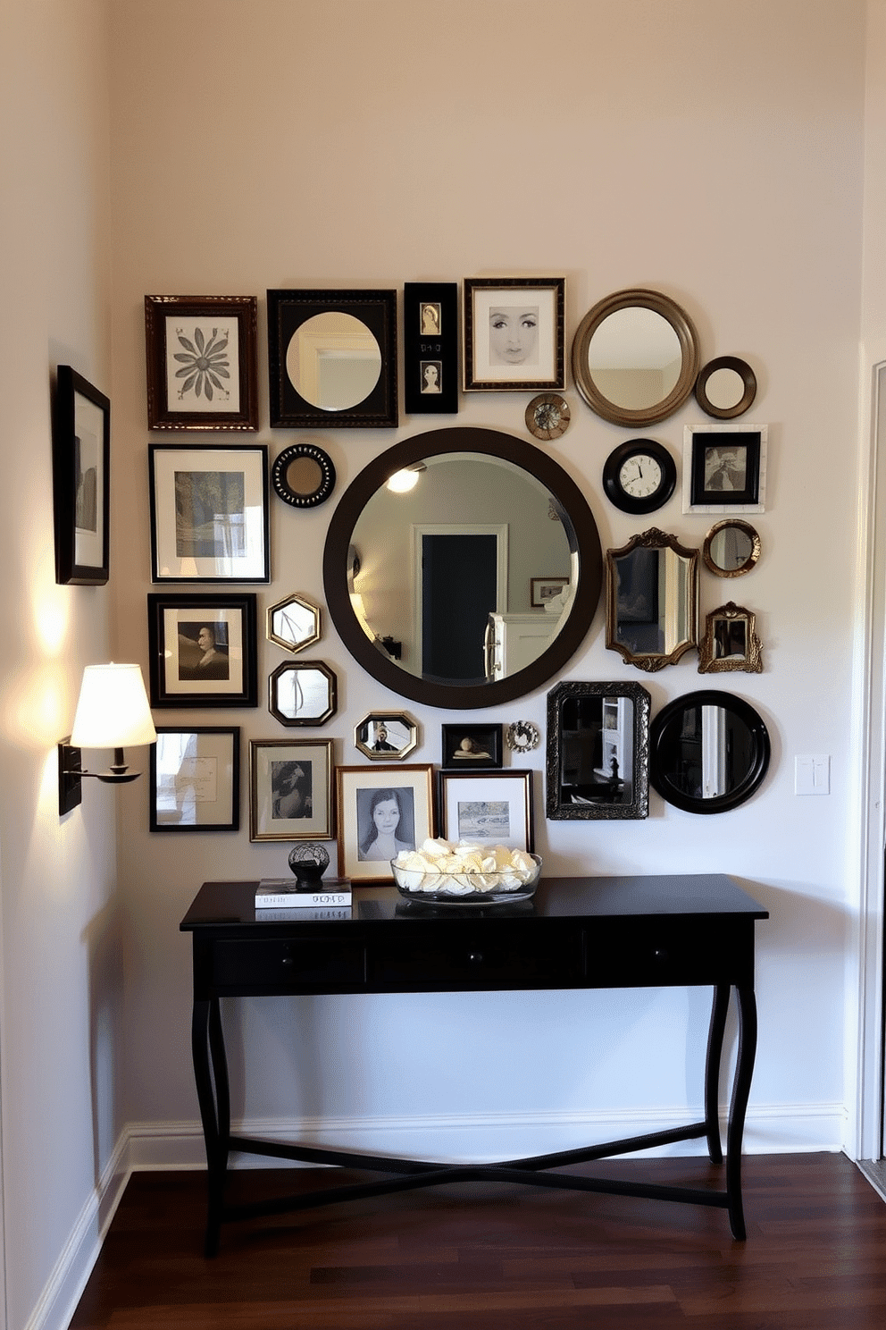 A stylish entryway features lighted sconces flanking a beautifully designed console table. The sconces cast a warm glow, highlighting a gallery wall adorned with a mix of framed art and mirrors in varying sizes. The entryway wall is painted in a soft, neutral tone, creating a welcoming atmosphere. A statement piece, such as a large round mirror, is centered above the console, reflecting light and enhancing the space's depth.