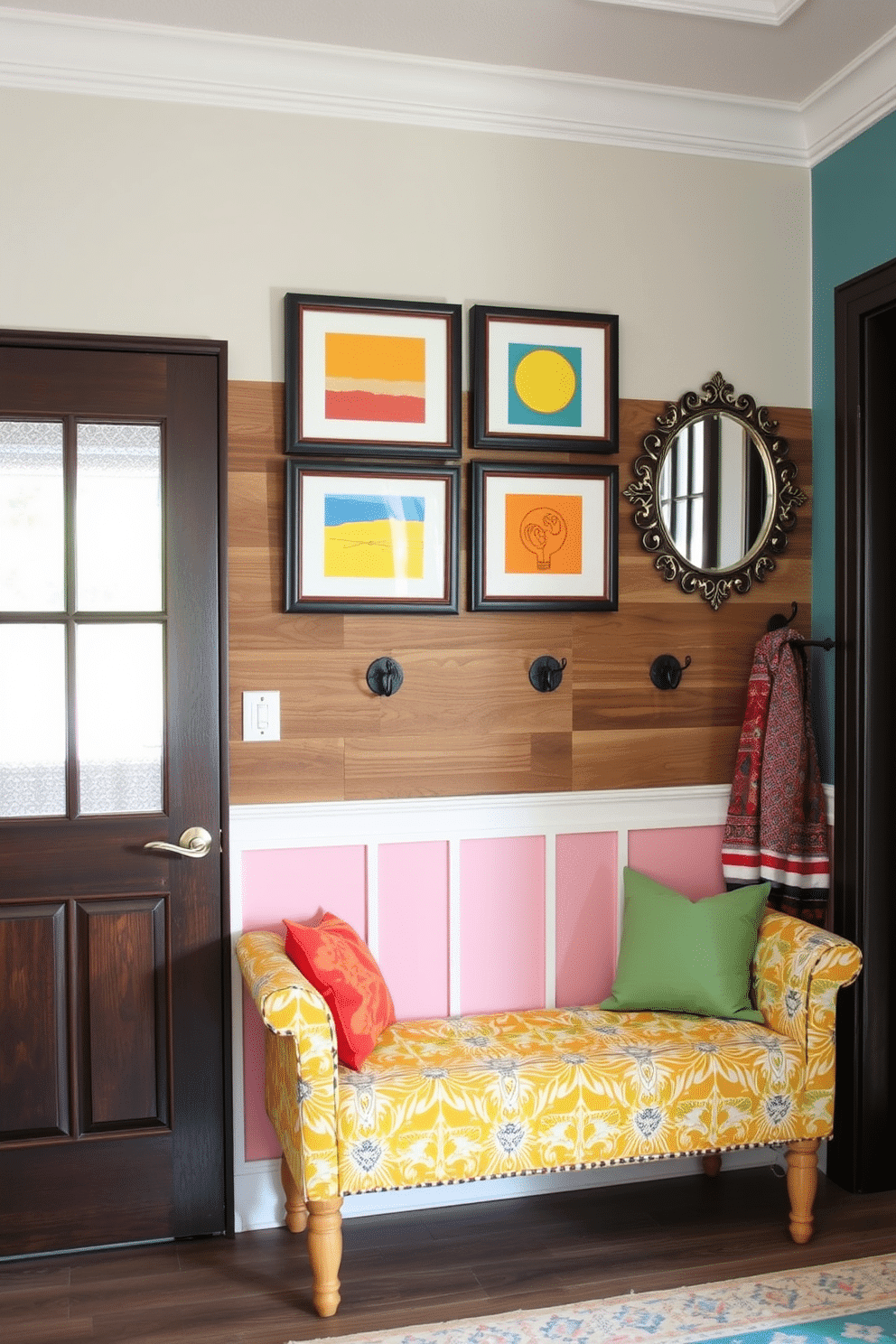 A colorful accent bench is positioned against the wall in the entryway, featuring a vibrant upholstery pattern that complements the surrounding decor. Above the bench, a series of framed art pieces in bold colors create an eye-catching focal point, enhancing the welcoming atmosphere. The entryway wall showcases a creative design with a mix of textures, including a combination of wood paneling and painted sections in soft pastel hues. Stylish hooks are mounted on the wall for hanging coats, and a decorative mirror reflects light, making the space feel larger and more inviting.