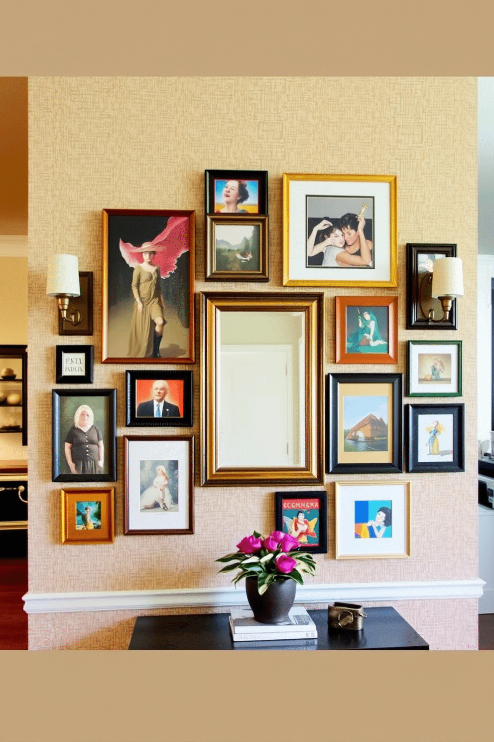 A gallery wall featuring an eclectic mix of art pieces, including abstract paintings, vintage photographs, and colorful prints. The arrangement is asymmetrical, creating a dynamic visual interest, with a variety of frame styles and colors that complement the surrounding decor. The entryway showcases a stylish wall design with a combination of textured wallpaper and a statement mirror. Flanking the mirror are two sconces that provide warm lighting, while a small console table beneath holds decorative items and a vibrant potted plant.