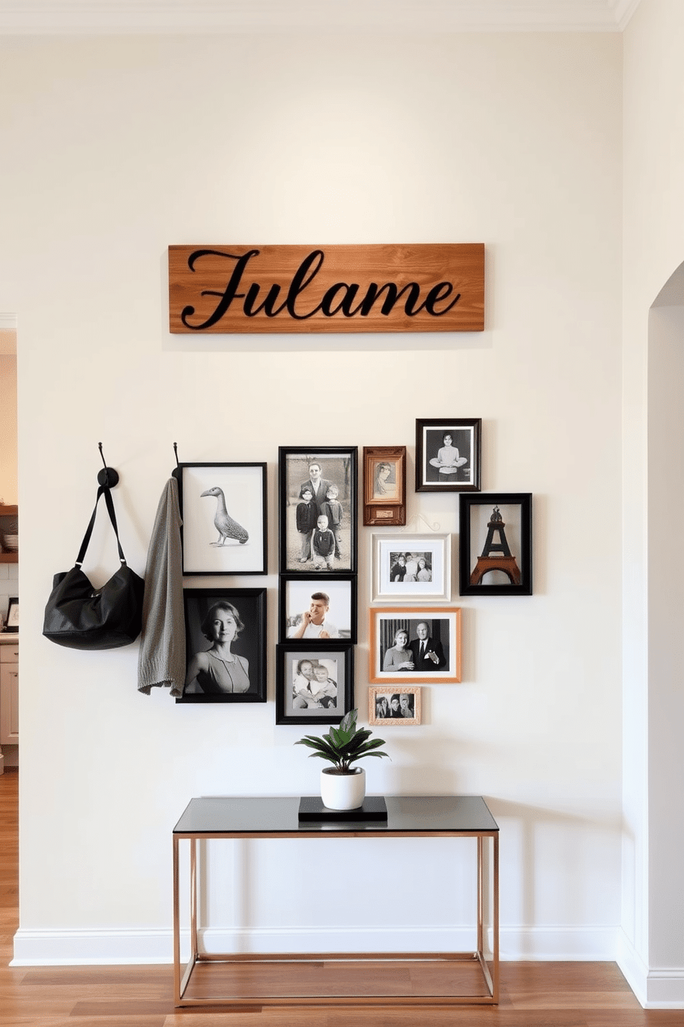 A personalized name sign hangs prominently in the entryway, crafted from elegant wood with a modern font. Surrounding the sign, the wall features a soft, neutral paint color, complemented by stylish hooks for coats and bags. The entryway showcases a gallery wall with framed family photos and curated artwork, creating a warm and inviting atmosphere. A sleek console table sits beneath the display, adorned with decorative items and a small potted plant for a touch of greenery.