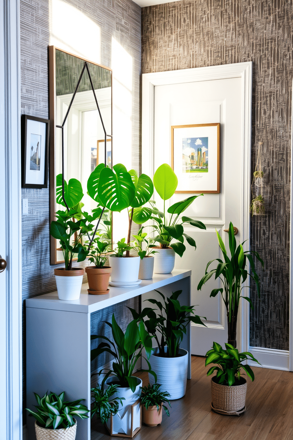 A bright and inviting entryway features a selection of potted plants in various sizes, strategically placed to enhance the space's freshness. The plants are arranged on a sleek console table, complemented by a stylish mirror that reflects natural light, creating a warm and welcoming atmosphere. The entryway walls are adorned with a combination of textured wallpaper and framed artwork, adding depth and personality to the space. A chic coat rack is mounted beside the door, providing functionality while harmonizing with the overall design aesthetic.