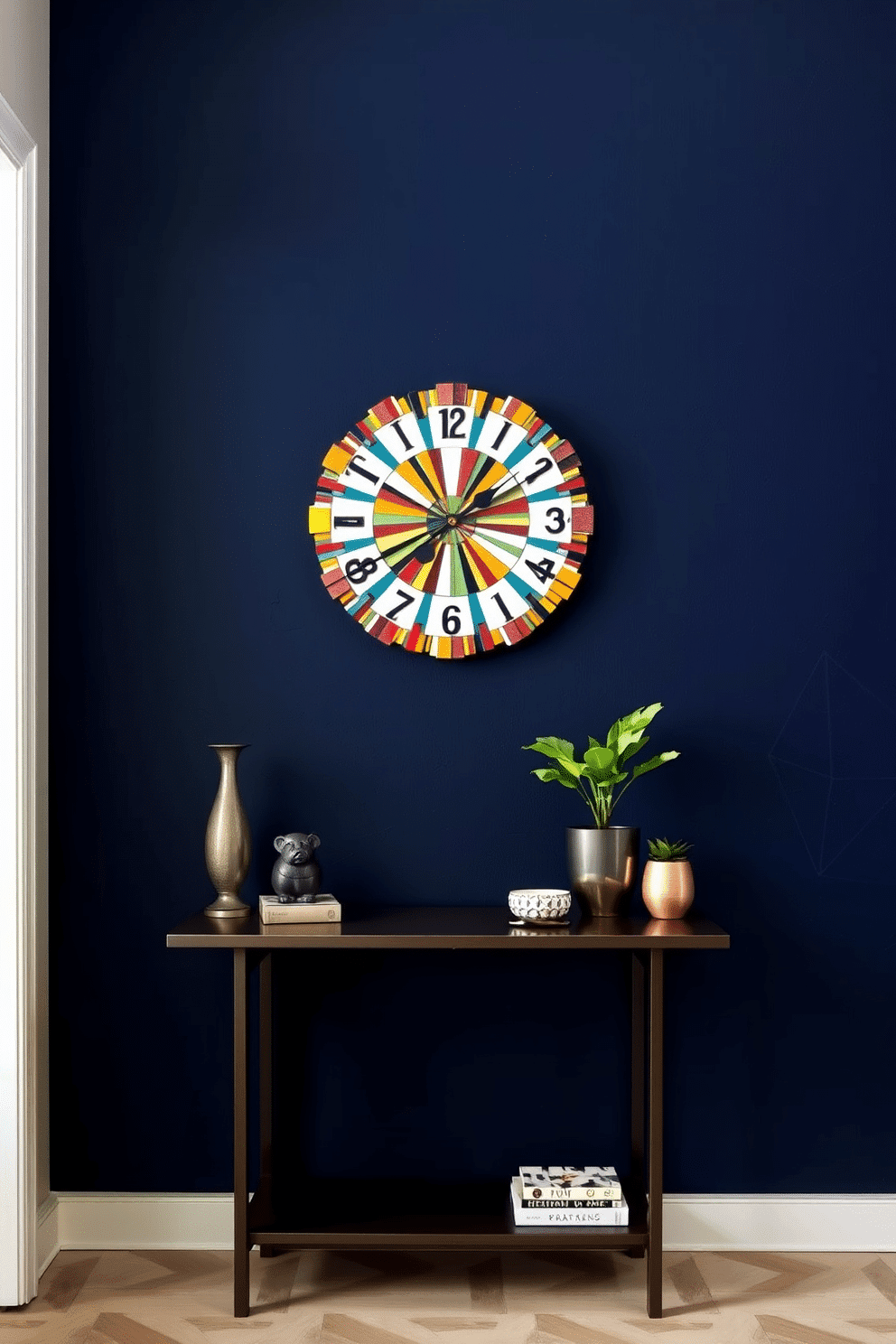 An artistic wall clock serves as a striking statement piece in the entryway, drawing immediate attention with its unique design and vibrant colors. The clock is mounted on a textured accent wall painted in a deep navy blue, creating a bold contrast that enhances the overall aesthetic of the space. To complement the clock, consider adding a sleek console table beneath it, adorned with decorative items like a small sculpture and a potted plant. The wall features geometric patterns in a lighter shade, adding depth and interest while maintaining a cohesive look with the clock's artistic flair.