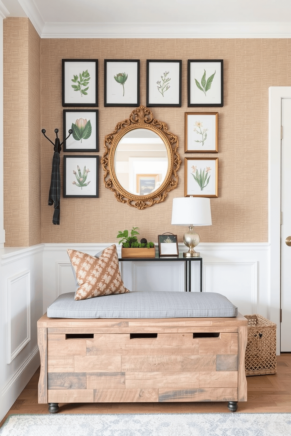 A stylish multi-functional entryway storage bench made of reclaimed wood, featuring a cushioned seat in a soft gray fabric. Above the bench, a series of framed botanical prints are arranged in a visually appealing gallery wall, complemented by a sleek, modern coat rack. An inviting entryway wall design with a combination of textured wallpaper in a warm taupe and elegant wainscoting in crisp white. A decorative mirror with an ornate gold frame hangs above a small console table, where a chic table lamp and a few decorative objects add personality.