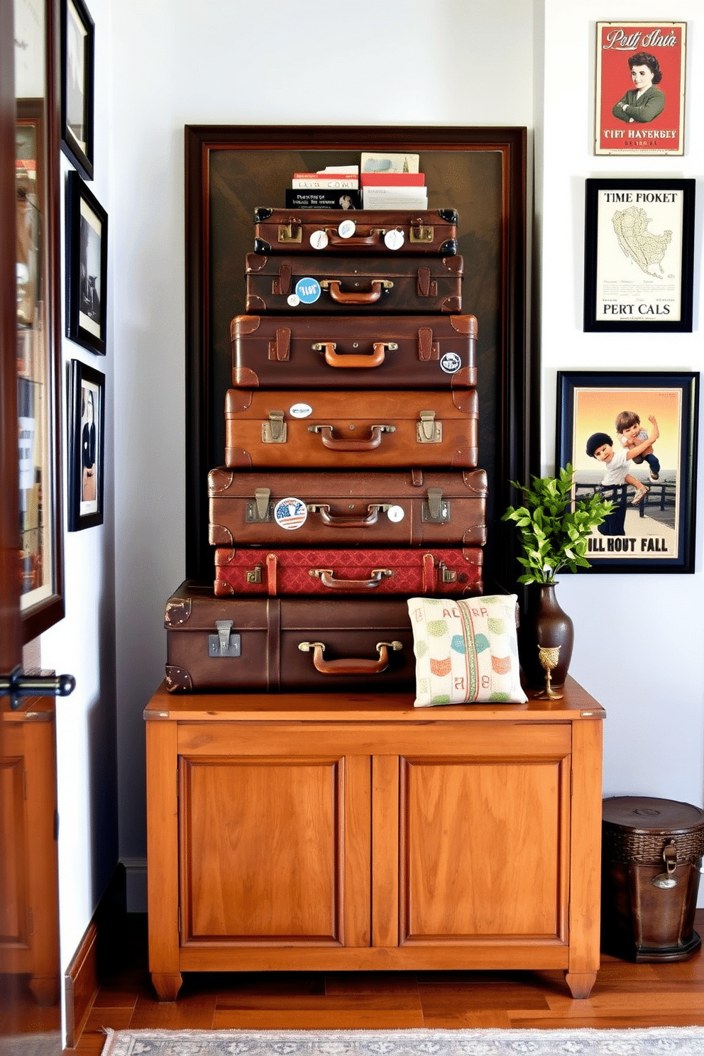 A charming entryway features a stack of vintage suitcases in varying sizes, artfully arranged to create an inviting focal point. The suitcases, adorned with travel stickers and worn leather, evoke a sense of nostalgia and adventure. The walls are decorated with a mix of framed photographs and vintage travel posters, creating a gallery-like atmosphere. Soft, ambient lighting highlights the textures of the suitcases and the warmth of the wooden console table beneath them.