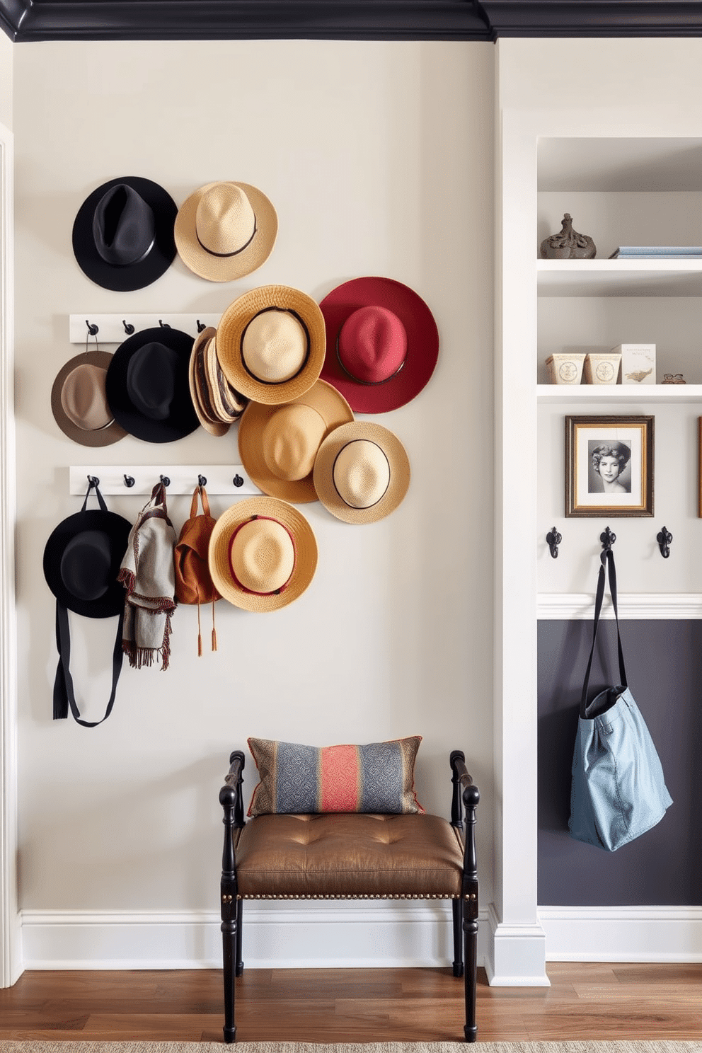 A curated collection of stylish hats and accessories is elegantly displayed on a dedicated wall rack, showcasing a variety of textures and colors. The backdrop features a soft, neutral paint that enhances the vibrancy of the accessories, while a small bench below invites guests to sit and admire the arrangement. The entryway wall is designed with a mix of open shelving and framed artwork, creating a welcoming atmosphere. A bold accent color highlights the wall, while decorative hooks provide a functional yet stylish solution for hanging coats and bags.