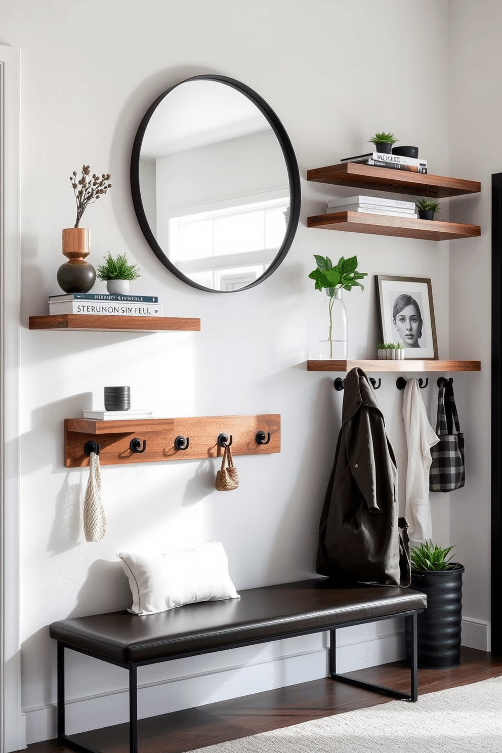 A stylish entryway featuring floating shelves made of reclaimed wood, adorned with carefully curated decor items such as small plants, books, and art pieces. The walls are painted in a soft, welcoming color, enhancing the natural light that floods the space, while a sleek bench below the shelves provides a functional seating area. The entryway wall showcases a modern design with a combination of textured wallpaper and minimalist hooks for coats and bags. A large round mirror is centered above a narrow console table, reflecting the inviting ambiance and creating a sense of depth in the space.