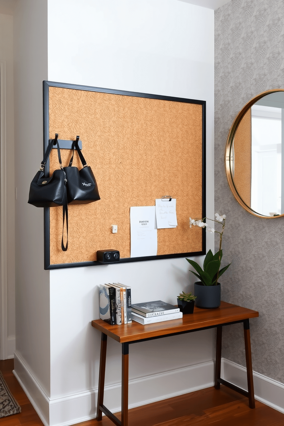 A corkboard wall features a grid of natural cork tiles framed in sleek black, providing a stylish backdrop for inspiration and notes. Surrounding the corkboard are decorative hooks for hanging bags and a small shelf for displaying curated books and plants. The entryway wall showcases a modern design with a combination of textured wallpaper and a slim console table in a rich wood finish. Above the table, a large round mirror with a brass frame reflects light, enhancing the welcoming atmosphere of the space.