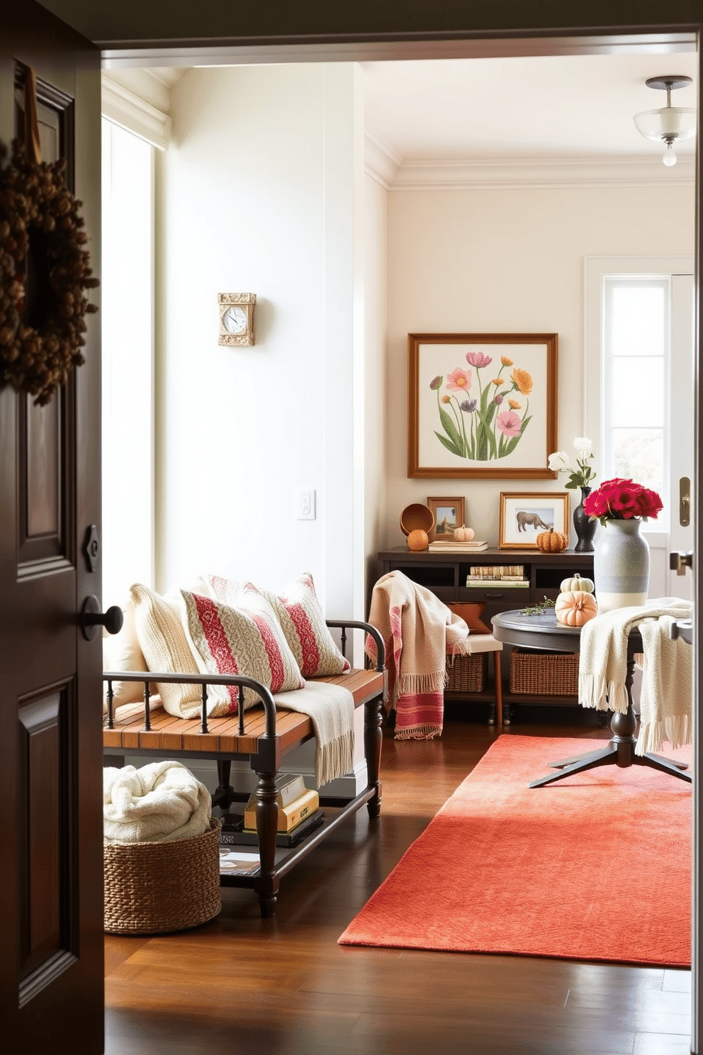 A cozy entryway featuring seasonal decor that reflects the changing styles throughout the year. In winter, a wreath adorned with pinecones and berries hangs on the door, while a small bench is topped with a soft, textured throw and seasonal pillows. For spring, the entryway transforms with pastel-colored accents, including a floral arrangement in a ceramic vase on a console table. The walls are painted a light, airy color, and framed artwork depicting blooming flowers adds a cheerful touch. In summer, vibrant colors take center stage with a bright rug and a collection of beach-themed decor on display. The entryway is illuminated by natural light streaming through a window, enhancing the fresh and inviting atmosphere. As autumn approaches, warm tones dominate the space with a pumpkin centerpiece on the table and cozy, knitted throws draped over chairs. The entryway invites guests with its seasonal charm and thoughtful design elements that celebrate each time of year.