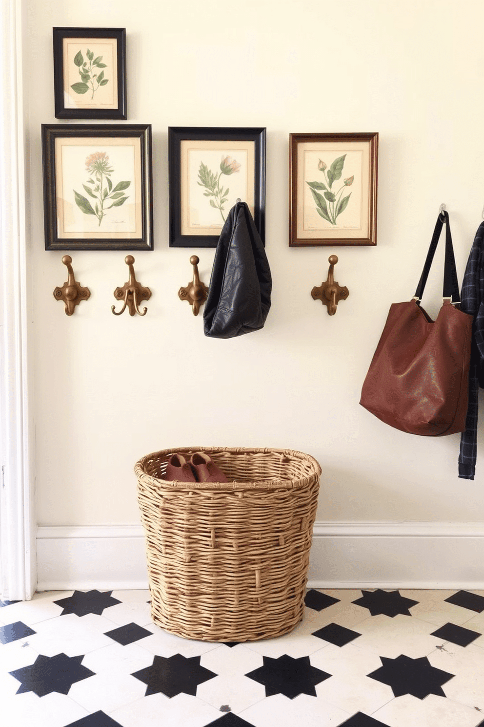 A charming entryway featuring vintage hooks made of aged brass, each uniquely designed to hold coats and bags. The wall behind is painted in a soft pastel hue, adorned with a collection of framed botanical prints that add a touch of elegance. The floor is covered with a classic checkerboard tile in black and white, providing a striking contrast to the warm tones of the entryway. A woven basket sits beneath the hooks, offering a practical solution for storing shoes and accessories.