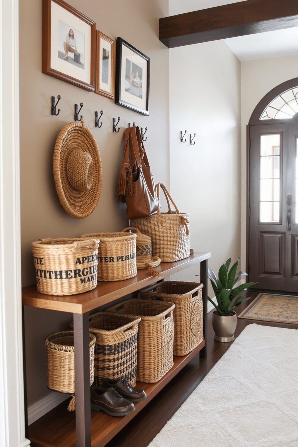 A collection of woven baskets in various sizes and textures is arranged neatly on a wooden shelf in the entryway, providing stylish organization for shoes, hats, and bags. The baskets are complemented by a soft, neutral rug that adds warmth to the space, while a small potted plant sits beside them, bringing a touch of greenery. The entryway wall features a striking design with a combination of framed artwork and a decorative mirror that enhances the sense of space. A warm, inviting color palette is used, with muted tones that create a cohesive look, while hooks for coats and bags are strategically placed for both functionality and style.