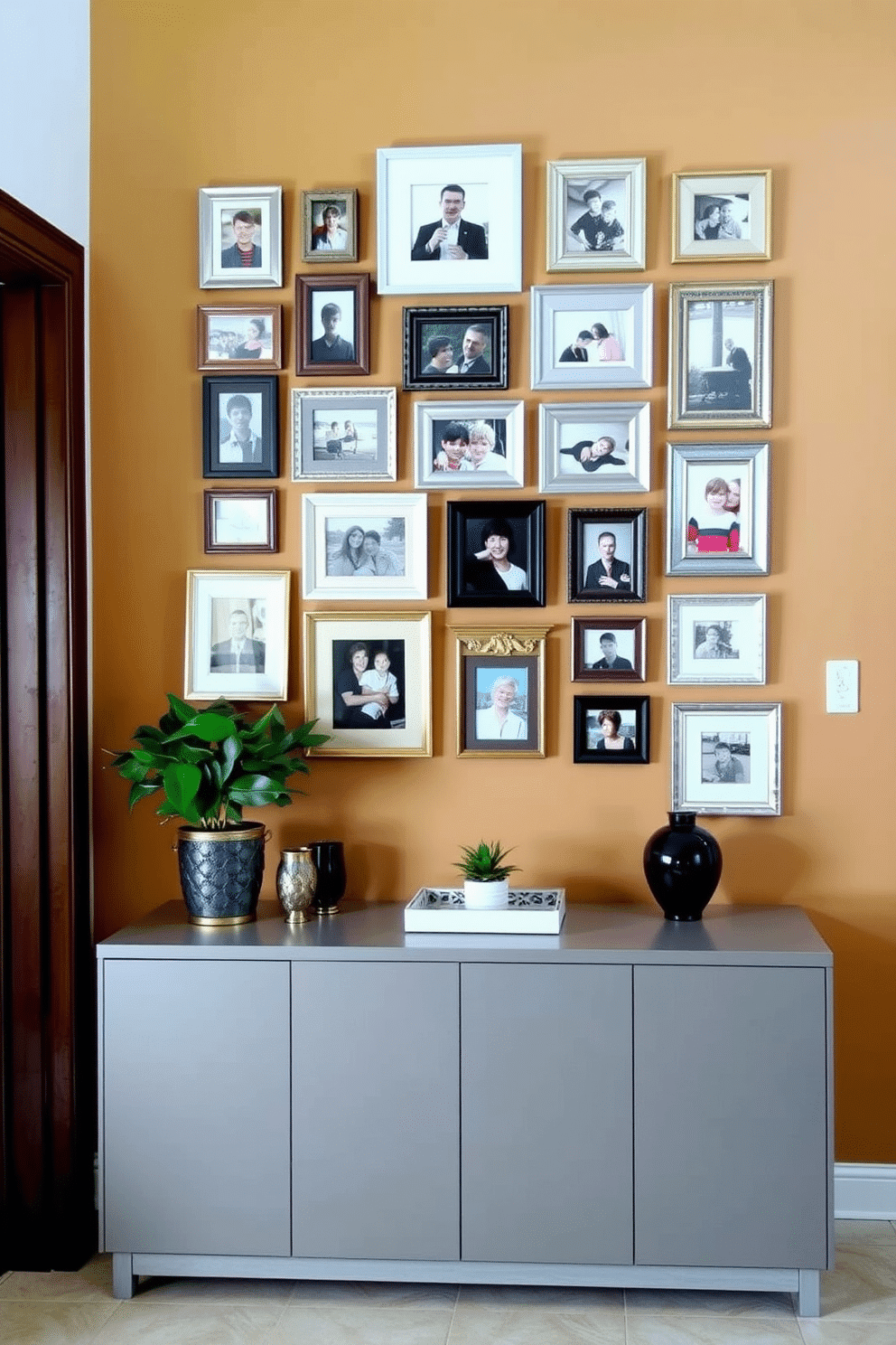 A stylish entryway features a grid of framed family photos arranged in a cohesive layout. The frames vary in size and finish, creating an eclectic yet harmonious display that captures cherished memories. The wall behind the photo grid is painted in a warm, inviting color, enhancing the overall ambiance of the space. A sleek console table below the photos holds decorative items and a small potted plant, adding a touch of greenery to the entryway.