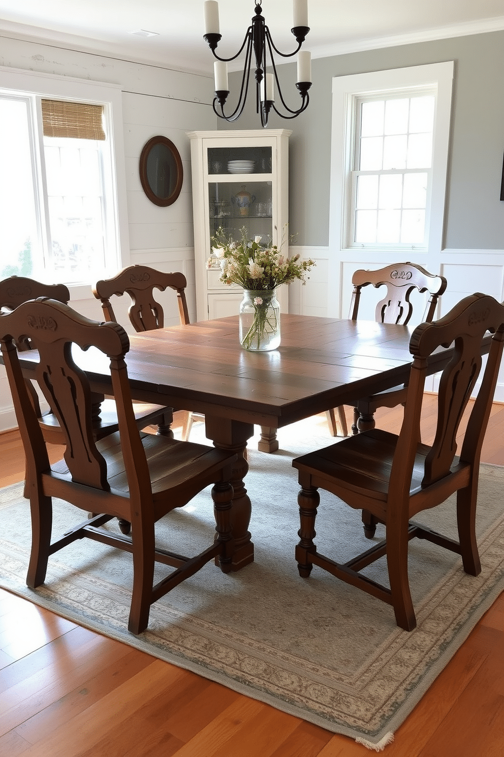 A rustic farmhouse table made of reclaimed wood sits at the center of a sunlit dining room, surrounded by vintage chairs with intricate carvings. The walls are adorned with shiplap, and a large window lets in natural light, highlighting a centerpiece of wildflowers in a mason jar. The space features a cozy area rug beneath the table, adding warmth and texture to the hardwood floor. Soft, muted colors on the walls complement the earthy tones of the furniture, creating an inviting atmosphere perfect for family gatherings.