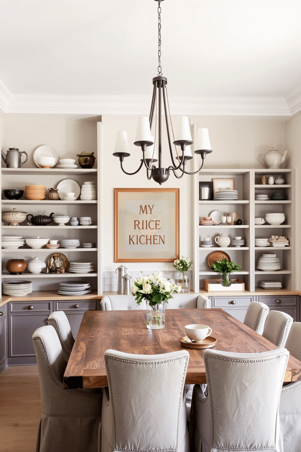 Open shelving elegantly displays curated dishware, featuring a mix of vintage and modern pieces that add character to the space. The backdrop is a soft, neutral wall color, while a rustic wooden dining table sits beneath a stylish chandelier, creating an inviting atmosphere for gatherings. The dining area is accented with plush upholstered chairs in muted tones, complementing the overall aesthetic. A large window allows natural light to flood the room, enhancing the beauty of the curated dishware and the warm ambiance of the European-inspired design.