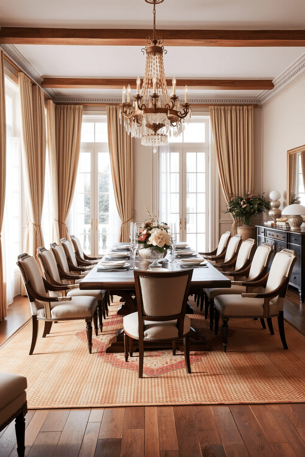 A European dining room featuring a long, rustic wooden table surrounded by elegantly upholstered chairs. A textured area rug in warm tones anchors the space, adding depth and comfort underfoot. Large windows draped with sheer curtains allow natural light to flood the room, highlighting the intricate details of the decor. A statement chandelier hangs above the table, casting a soft glow over the setting, complemented by decorative tableware and a centerpiece of fresh flowers.