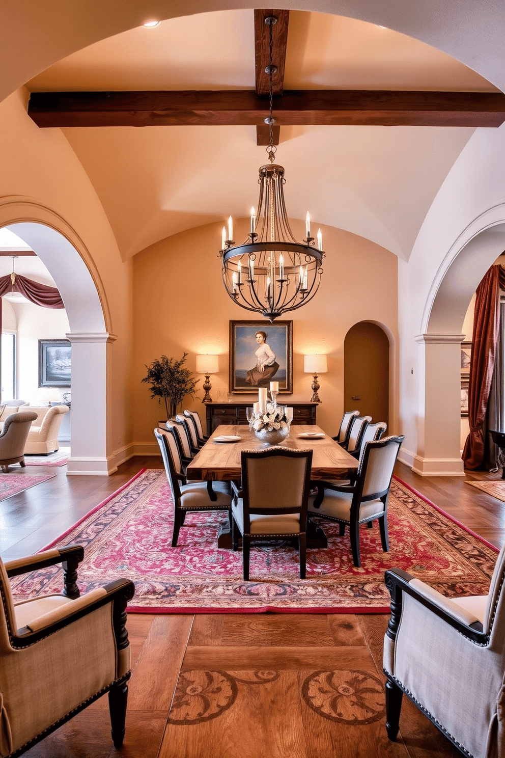 A European dining room features elegant arched doorways that create a seamless flow between spaces. The room is adorned with a large, rustic wooden dining table surrounded by upholstered chairs, complemented by a stunning chandelier overhead. The walls are painted in soft, warm tones, enhancing the inviting atmosphere. Rich textiles, such as a patterned area rug and luxurious drapes, add texture and sophistication to the design.