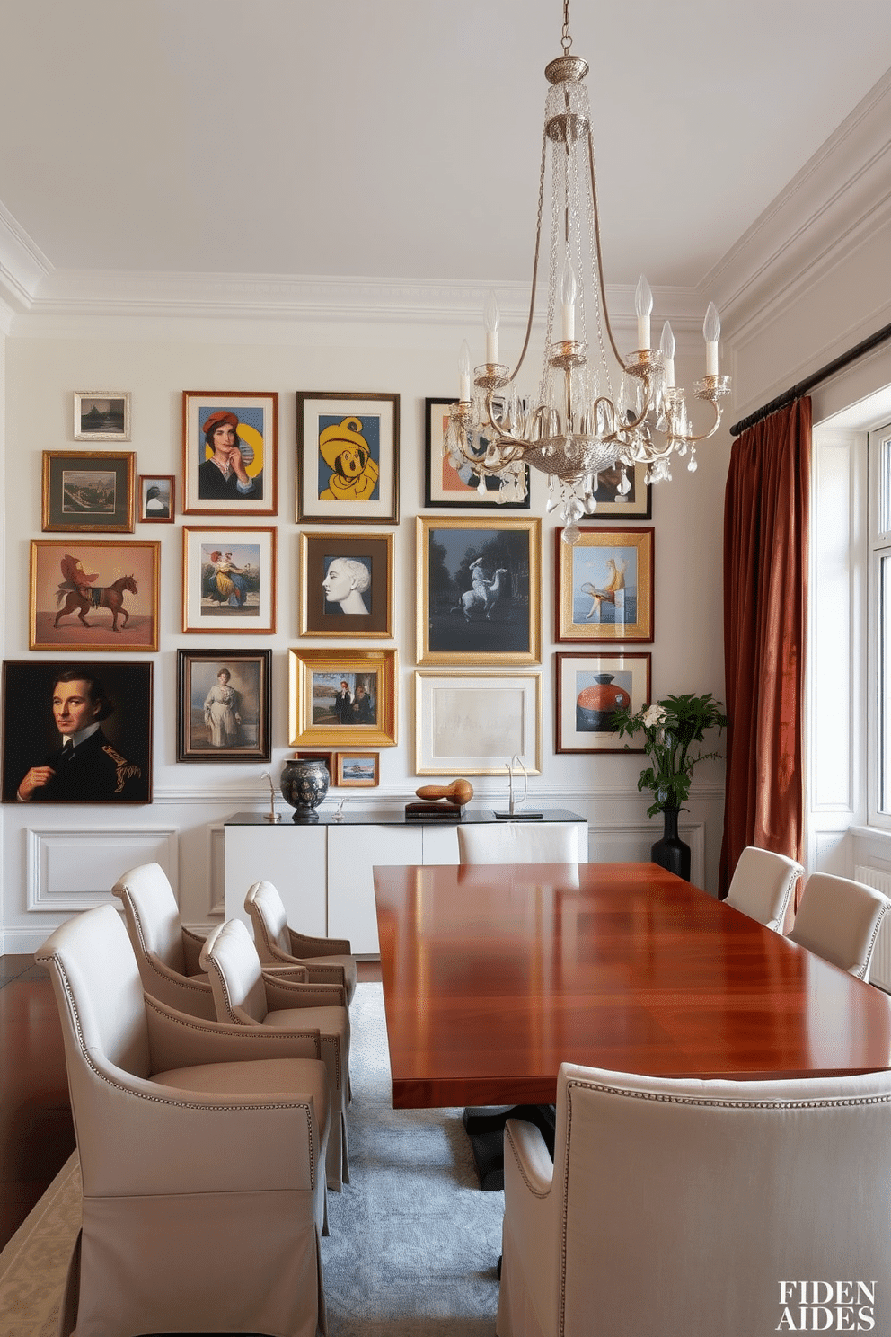 A gallery wall adorned with an eclectic mix of framed art pieces, showcasing various styles from abstract to classic. The wall is painted in a soft white, allowing the vibrant colors of the artwork to pop, while a sleek console table sits below, displaying decorative objects. An elegant European dining room featuring a long, polished wooden table surrounded by plush upholstered chairs. The room is illuminated by a stunning chandelier, and the walls are adorned with wainscoting painted in a soft pastel hue, complemented by rich drapes framing the large windows.