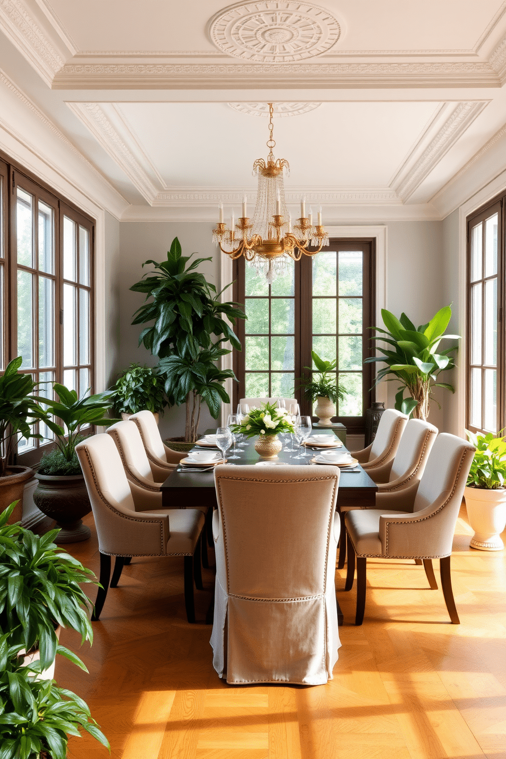 A European dining room featuring lush greenery in decorative pots scattered around the space, creating a vibrant and inviting atmosphere. The room is adorned with an elegant wooden dining table set for six, complemented by plush upholstered chairs in soft, neutral tones. Large windows allow natural light to flood in, highlighting the intricate details of the classic crown molding and the warm wood floors. A stunning chandelier hangs above the table, adding a touch of sophistication and charm to the overall design.