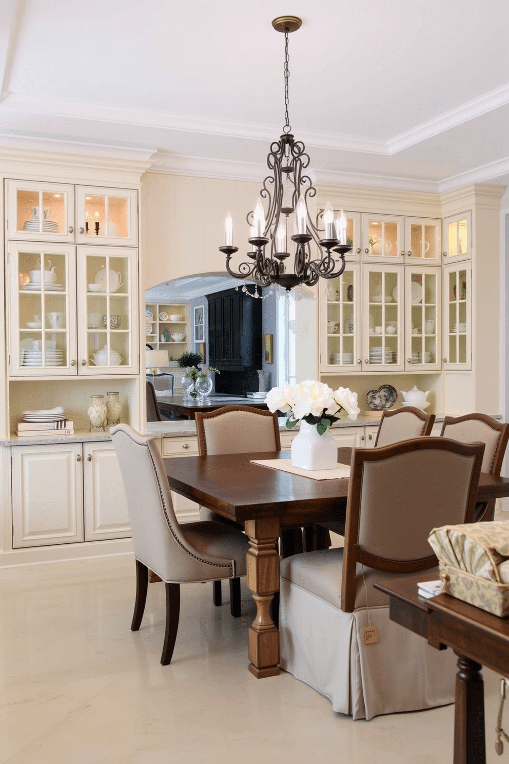 Creamy white cabinetry with glass doors creates an inviting atmosphere, showcasing elegant dishware and decorative accents. The dining area features a rustic wooden table surrounded by upholstered chairs, complemented by a stunning chandelier that adds a touch of sophistication.