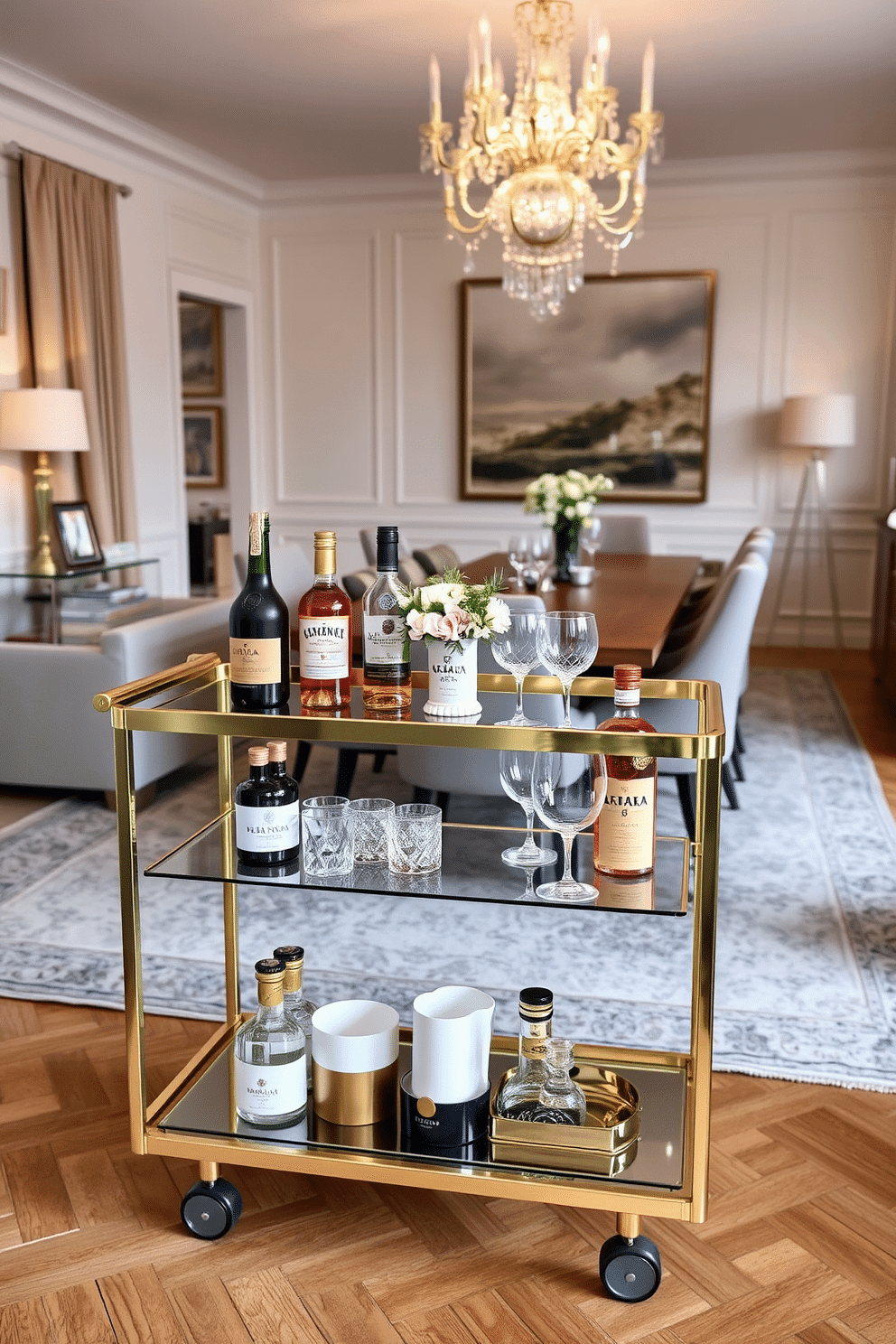 A chic bar cart for entertaining guests, featuring a sleek gold frame with glass shelves. The cart is adorned with a variety of premium spirits, elegant glassware, and a small vase of fresh flowers, set against a backdrop of a stylish living area. European dining room design ideas that emphasize elegance and comfort, showcasing a long wooden table surrounded by upholstered chairs. The room is illuminated by a stunning chandelier, with soft, neutral tones on the walls and a classic area rug underfoot, creating a warm and inviting atmosphere.