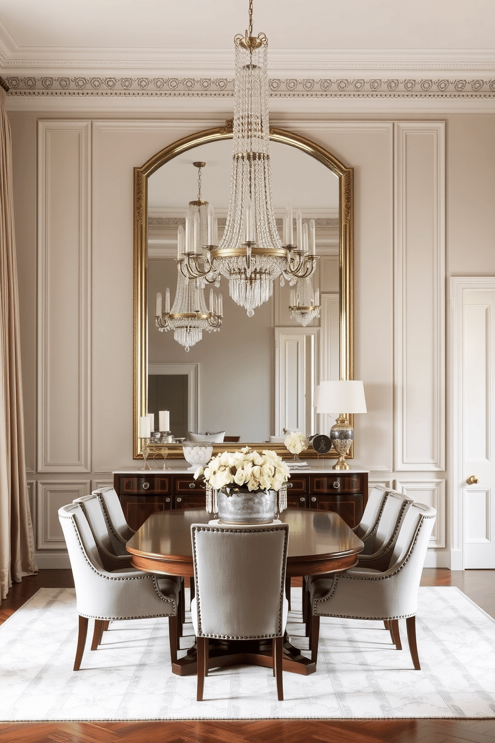 A stunning European dining room featuring a statement mirror that enhances light reflection and adds depth to the space. The room is adorned with an elegant wooden dining table surrounded by upholstered chairs, complemented by a chic chandelier overhead.