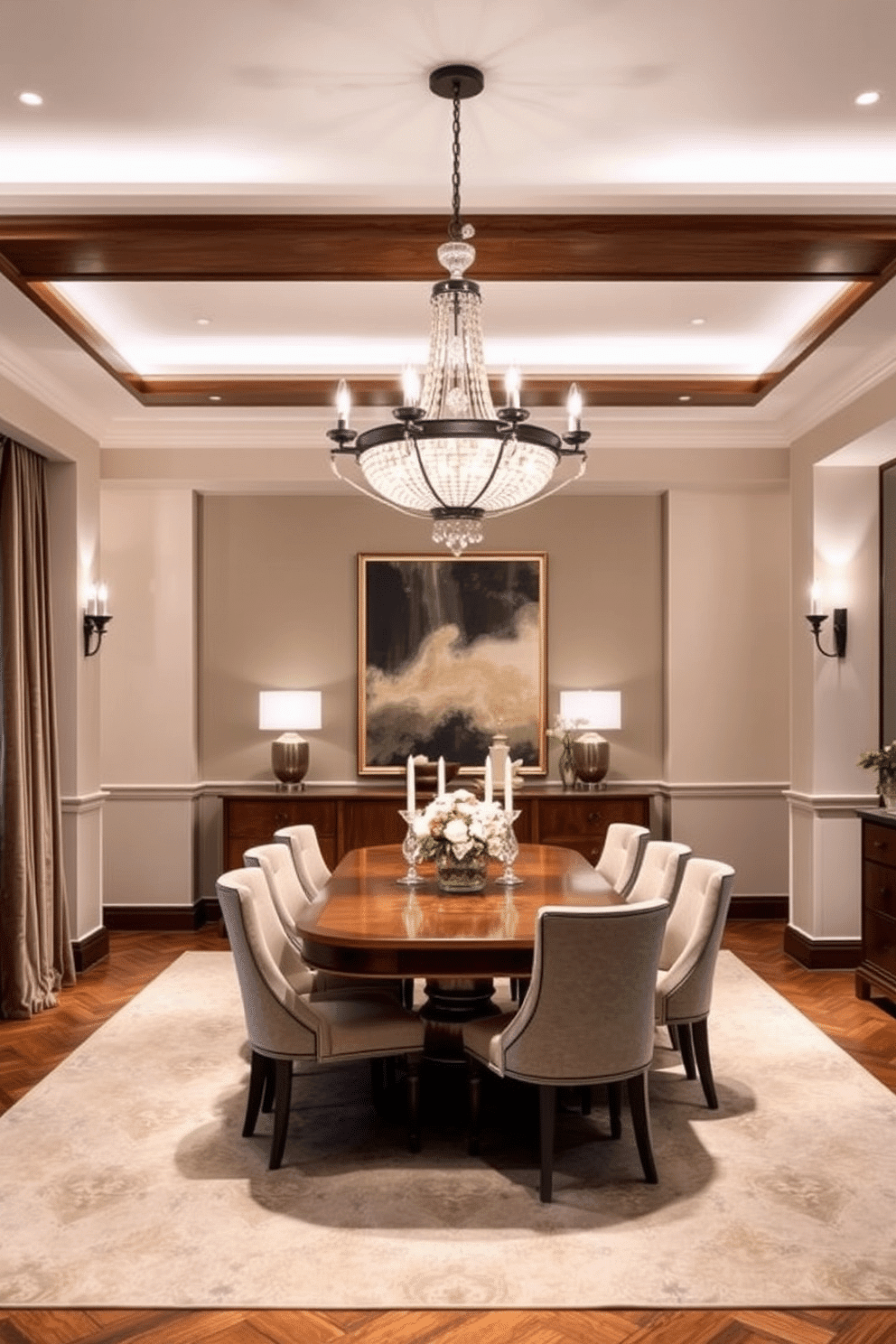 A stylish European dining room featuring layered lighting with dimmable options to create the perfect ambiance for any occasion. The room showcases an elegant wooden dining table surrounded by upholstered chairs, with a statement chandelier hanging above, complemented by wall sconces that provide soft illumination.