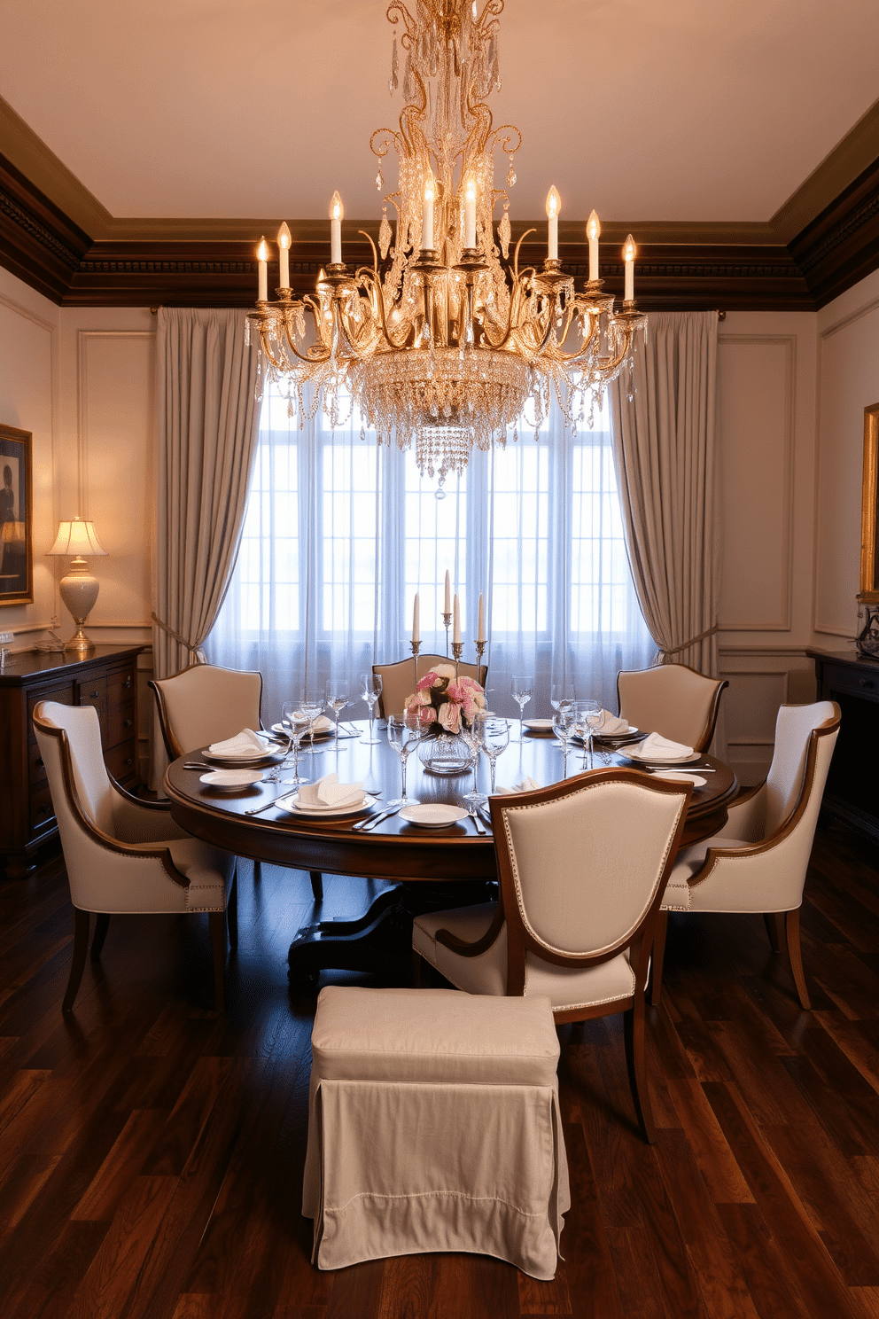 A stunning European dining room featuring a round wooden table at its center, elegantly set with fine china and crystal glassware. Above the table, a magnificent chandelier with intricate detailing casts a warm glow, enhancing the sophisticated ambiance of the space. The walls are adorned with tasteful artwork, and the rich, dark wood flooring contrasts beautifully with the soft, neutral tones of the furnishings. Plush upholstered chairs surround the table, inviting guests to enjoy memorable meals in this refined setting.