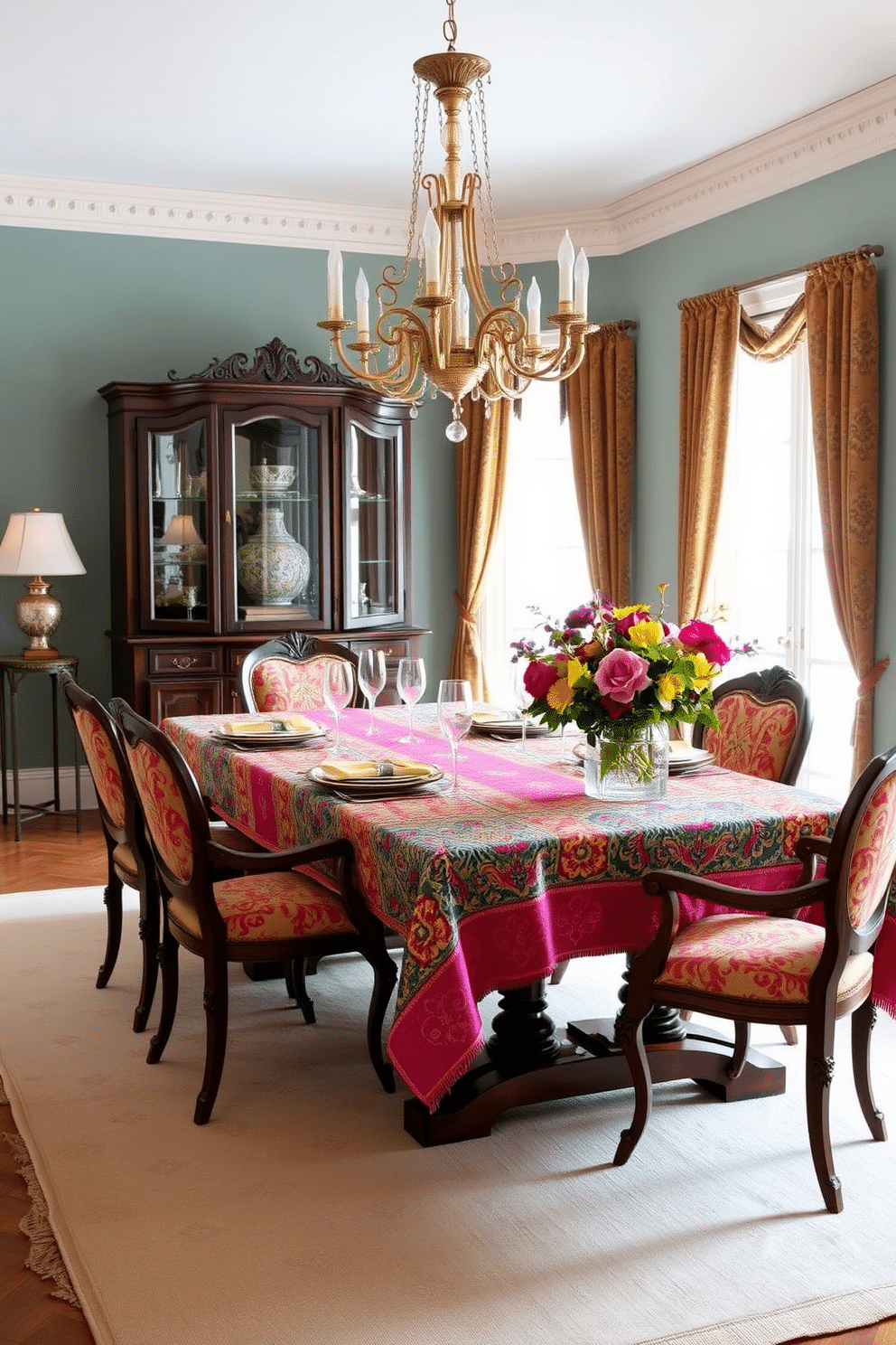 A vibrant European dining room features a beautifully set table adorned with colorful table linens that add a playful touch. The linens showcase intricate patterns and rich hues, complementing the elegant wooden dining table and stylish chairs. Surrounding the table, a soft rug in a neutral tone anchors the space, while a stunning chandelier hangs overhead, casting a warm glow. Fresh flowers in a decorative vase bring life to the setting, enhancing the inviting atmosphere of the room.