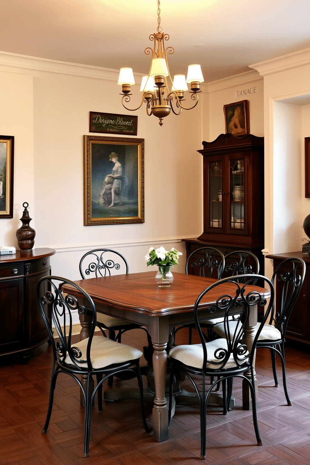 A charming European dining room features a rustic wooden table surrounded by elegant bistro chairs with intricate metalwork and soft cushions. The walls are adorned with vintage artwork, and a warm, ambient light illuminates the space from a stylish chandelier overhead.