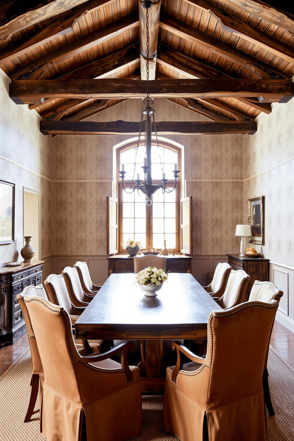 A European dining room featuring rustic wooden beams overhead, creating a warm and inviting atmosphere. The room is adorned with a large, handcrafted wooden dining table surrounded by elegantly upholstered chairs in earthy tones. A vintage chandelier hangs above the table, casting a soft glow on the space. The walls are decorated with muted, textured wallpaper that complements the natural wood elements, while a large window allows natural light to flood the room.