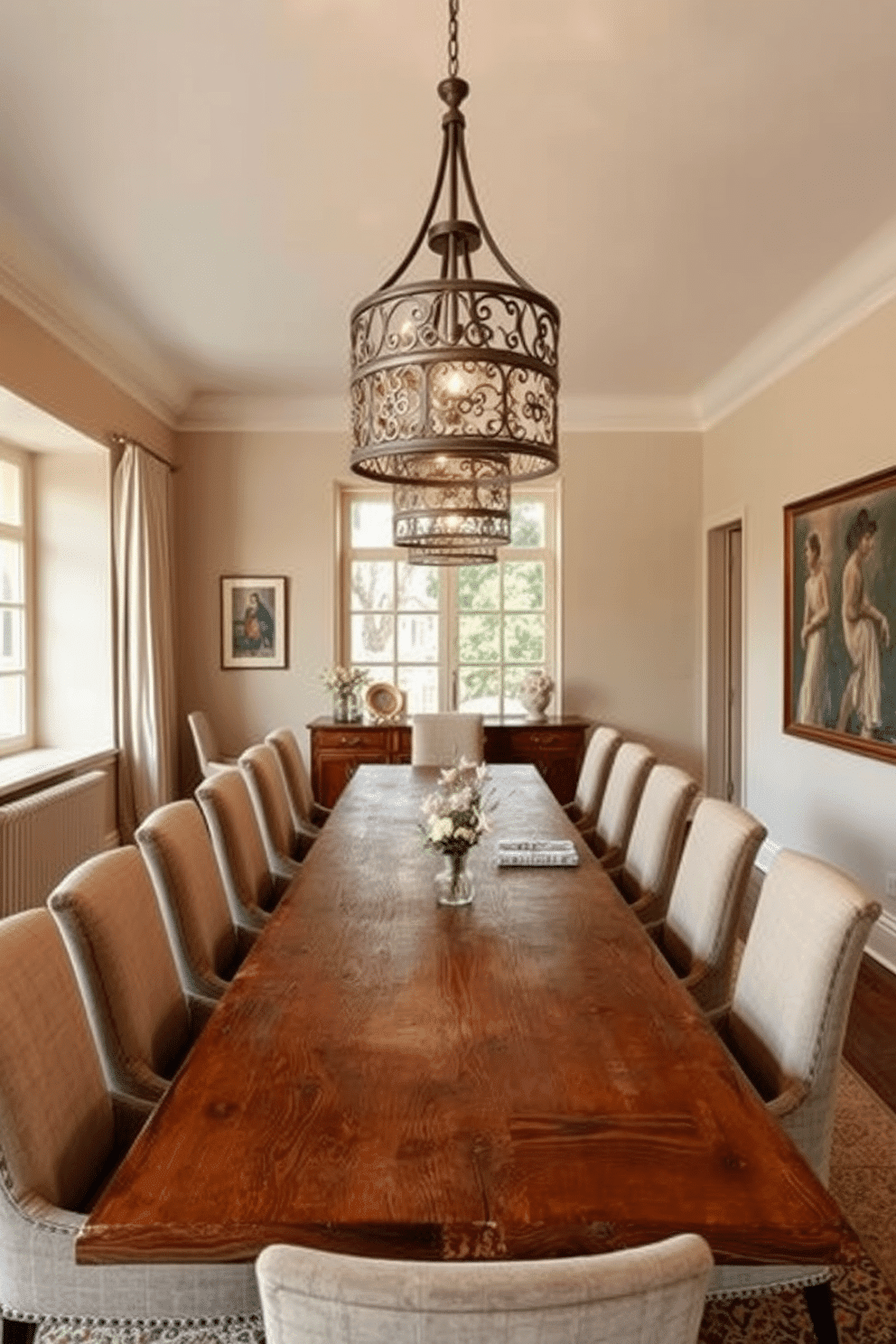 A European dining room featuring a long, rustic wooden table surrounded by elegant upholstered chairs. Above the table, stylish pendant lights with intricate designs cast a warm glow, enhancing the inviting atmosphere of the space. The walls are adorned with soft, neutral tones, complemented by tasteful artwork that adds character to the room. Large windows allow natural light to flood in, creating a bright and airy environment perfect for gatherings.