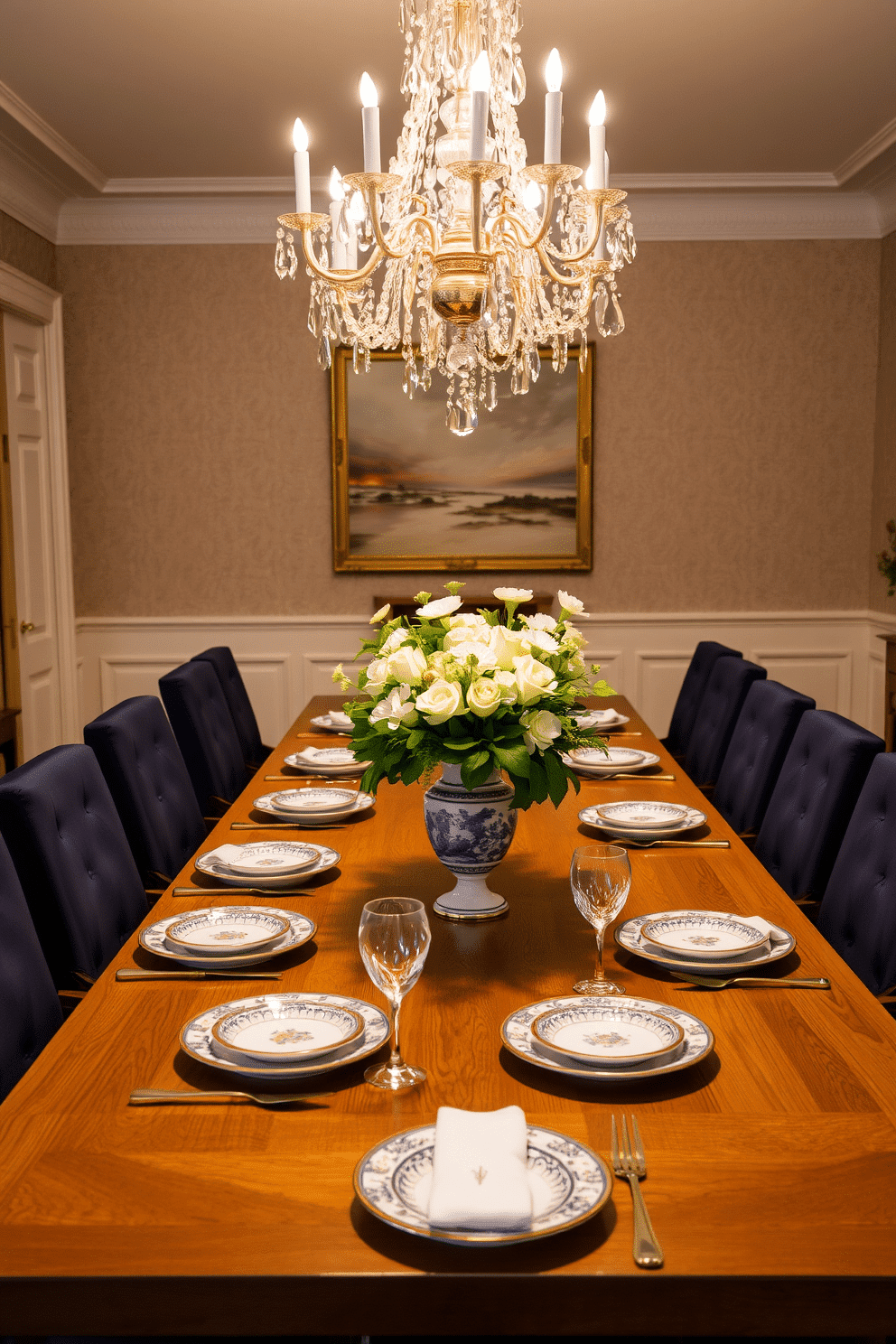 Elegant place settings with fine china adorn a long, polished oak dining table, surrounded by upholstered chairs in rich navy fabric. Soft, ambient lighting from a crystal chandelier casts a warm glow, highlighting the intricate patterns on the plates and the delicate stemware. The table is accessorized with a lush floral centerpiece in a classic porcelain vase, complemented by gold accents in the cutlery and napkin rings. A backdrop of soft, muted wallpaper with a subtle damask pattern enhances the sophistication of the European dining room, creating an inviting atmosphere for gatherings.