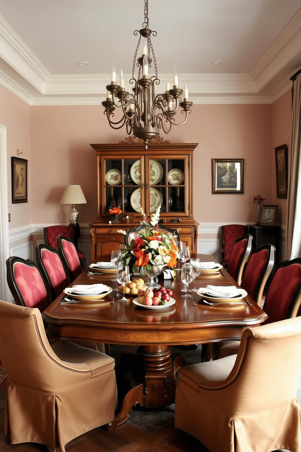 A beautifully styled European dining room features an elegant wooden table set for a seasonal gathering. Surrounding the table are upholstered chairs in rich fabrics, complemented by a centerpiece of fresh flowers and seasonal fruits. The walls are adorned with soft, muted colors, creating a warm and inviting atmosphere. A vintage chandelier hangs above, casting a soft glow, while decorative plates and art pieces add character to the space.