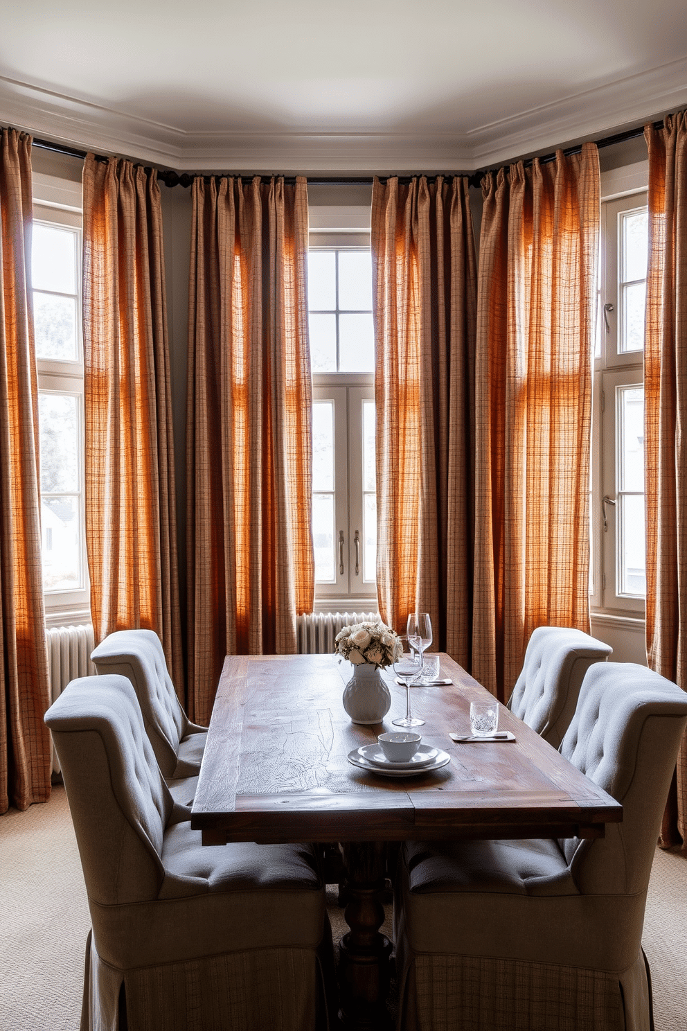 A cozy European dining room features textured curtains that gracefully frame tall windows, adding warmth and elegance to the space. The dining table, made of reclaimed wood, is surrounded by plush upholstered chairs in muted tones, creating an inviting atmosphere for gatherings.