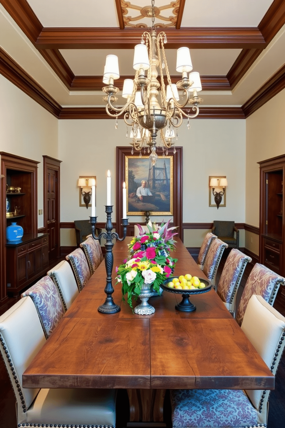 A stunning European dining room featuring a long, rustic wooden table adorned with an eclectic mix of unique centerpieces, including a vintage candelabra, a vibrant floral arrangement, and an ornate fruit bowl. The walls are painted in a soft cream color, complemented by rich, dark wood accents and elegant crown molding. The room is illuminated by a grand chandelier that hangs above the table, casting a warm glow over the space. Plush upholstered chairs surround the table, each featuring a different fabric pattern that adds visual interest and charm to the overall design.