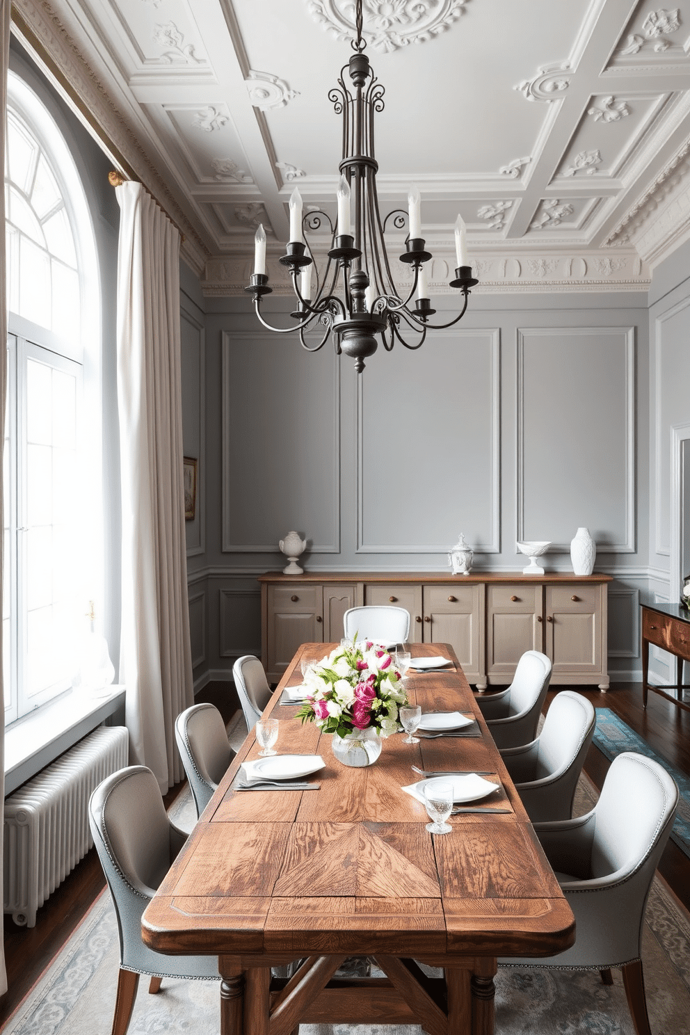 A European dining room with a cohesive color scheme featuring soft grays, muted blues, and warm whites. The room includes a long, rustic wooden table surrounded by upholstered chairs, with elegant table settings and a centerpiece of seasonal flowers. Large windows draped with sheer curtains allow natural light to flood the space, highlighting the intricate crown molding and wainscoting. A stylish sideboard against one wall displays fine china and decorative accents, while a statement chandelier adds a touch of sophistication overhead.