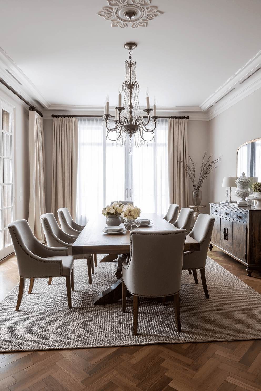 A European dining room featuring a neutral color palette with soft textures. The space includes a large wooden dining table surrounded by upholstered chairs in muted tones, complemented by a textured area rug beneath. Natural light floods the room through large windows dressed with sheer curtains. A statement chandelier hangs above the table, adding elegance, while a sideboard displays tasteful decor and fine dinnerware.