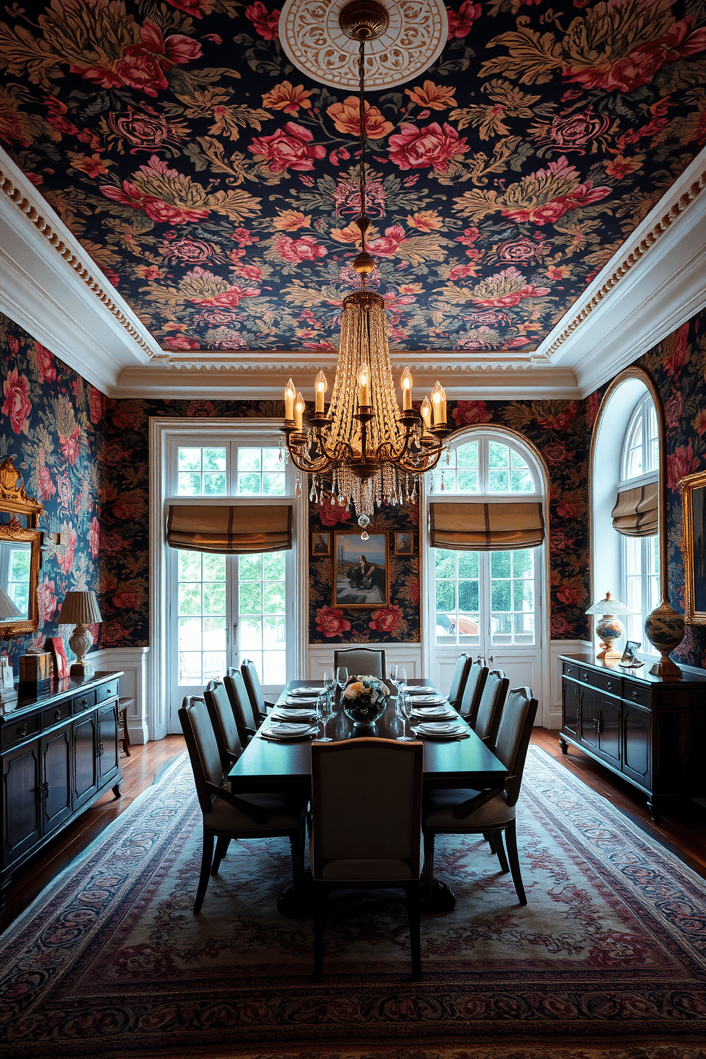 A European dining room adorned with bold wallpaper featuring intricate floral patterns that create a vibrant backdrop. The space includes a long wooden dining table surrounded by upholstered chairs, complemented by a stunning chandelier that hangs gracefully above. Large windows allow natural light to flood the room, highlighting the rich colors of the wallpaper and the elegant table setting. A sideboard against one wall displays fine china and decorative accents, enhancing the overall sophistication of the design.